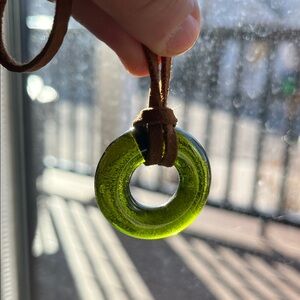 Brown Suede Necklace with Green Pendant